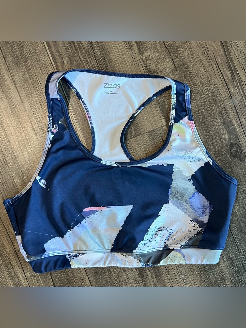 ZELOS Navy Abstract Print Racerback Sports Bra with Pastel Accents Large